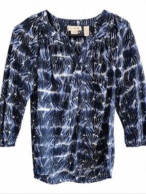 Cynthia Crowley Women's Blouse Shirt Top Blue Silk V-neck 3/4 Sleeves Size XS